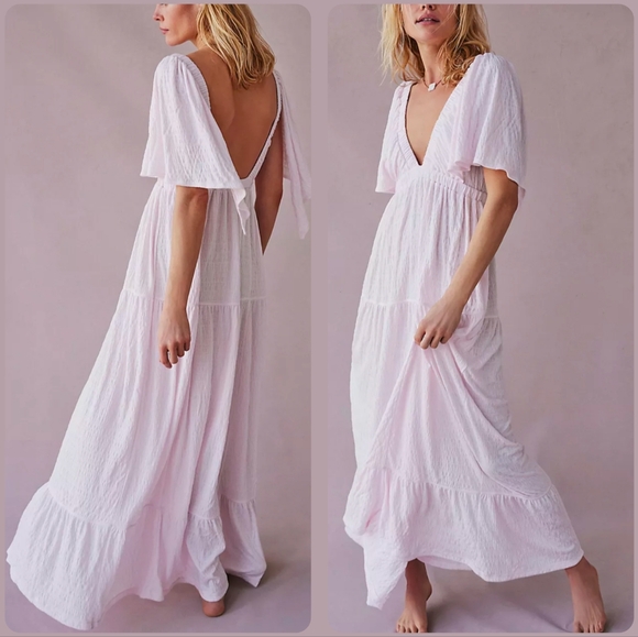 Free People Dresses & Skirts - Free People Beach La La Maxi Dress V Neck Gauze Tiered Flutter Sleeve White L